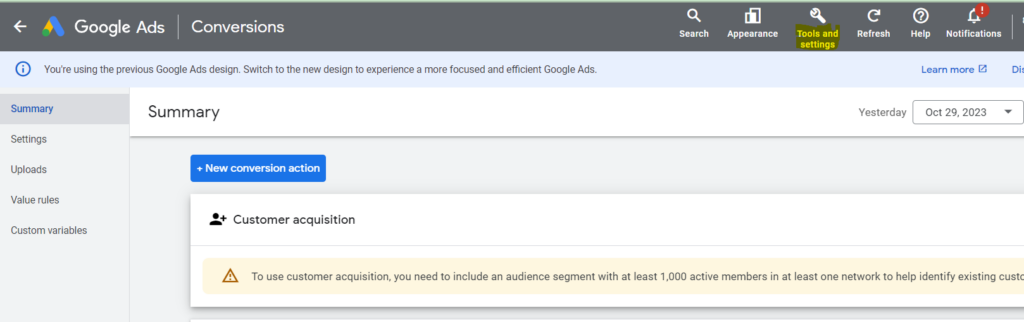 Google ads tools and settings